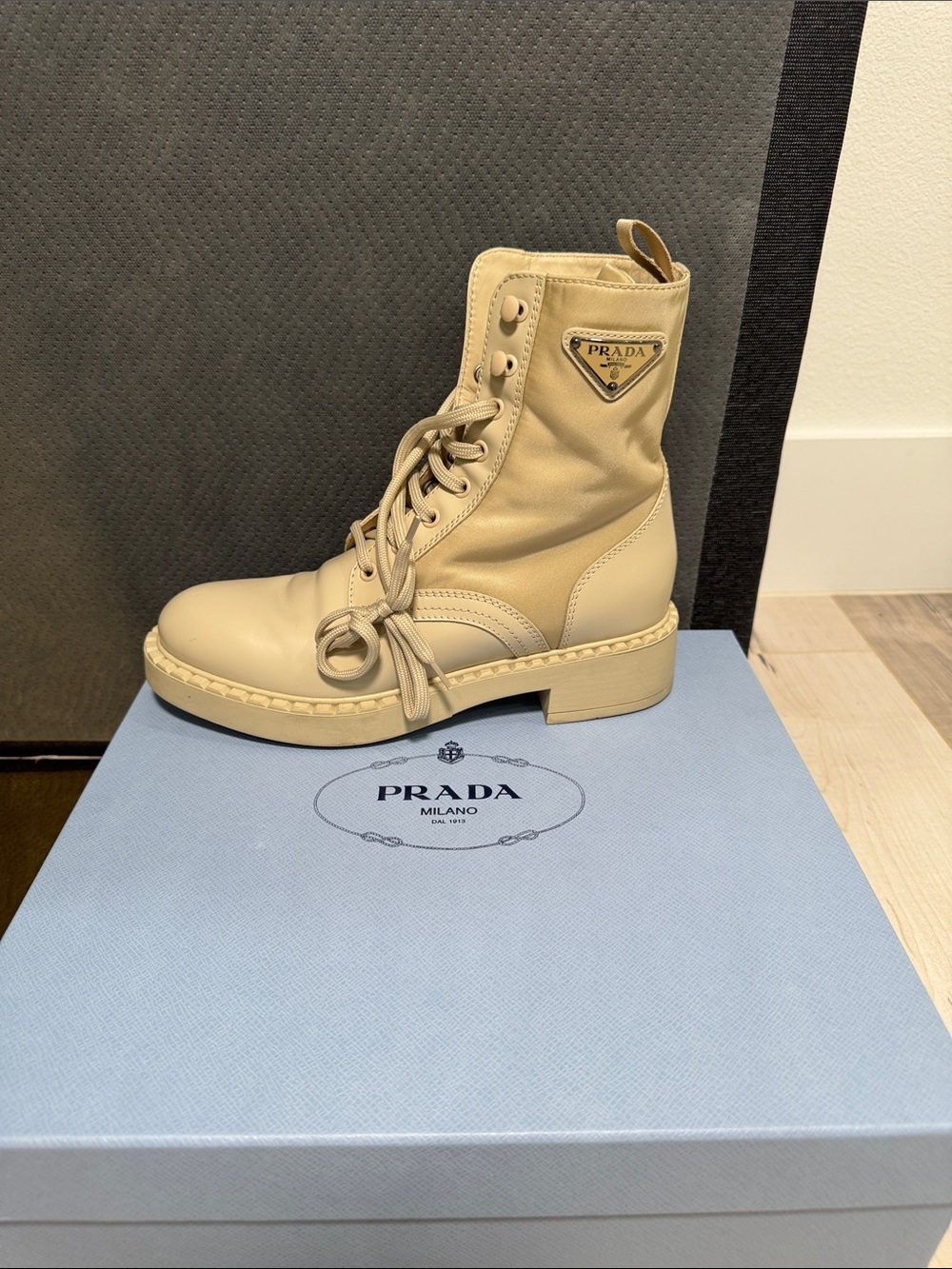 Prada Sandstone Beige Lace-Up Combat Boot